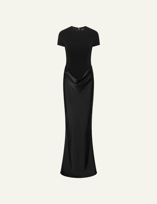 Rotate Capsleeve Draped Maxi Dress black me draped waist detail front view