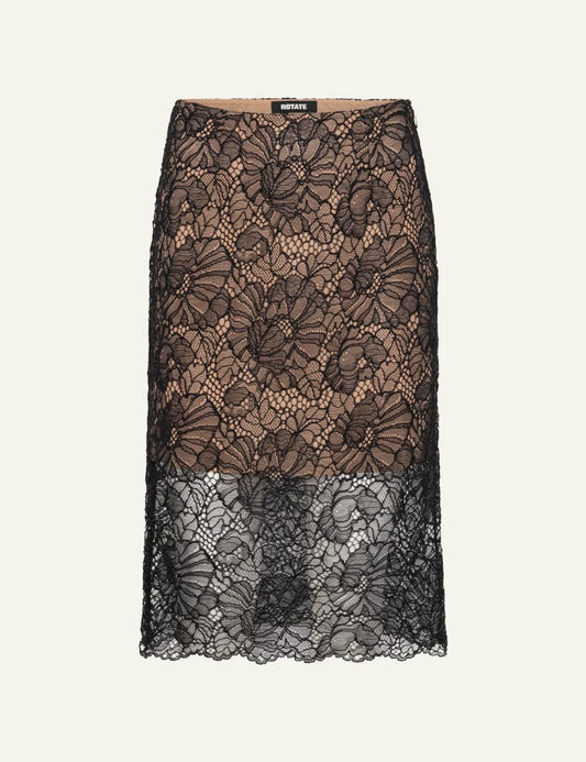 Rotate Lace Midi Pencil Skirt black me floral lace detail front view