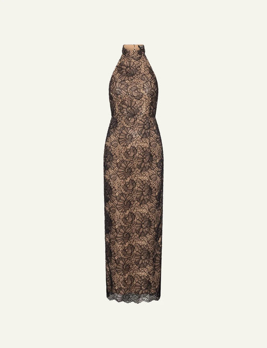Rotate Lace Halterneck Dress black me floral lace pattern front view