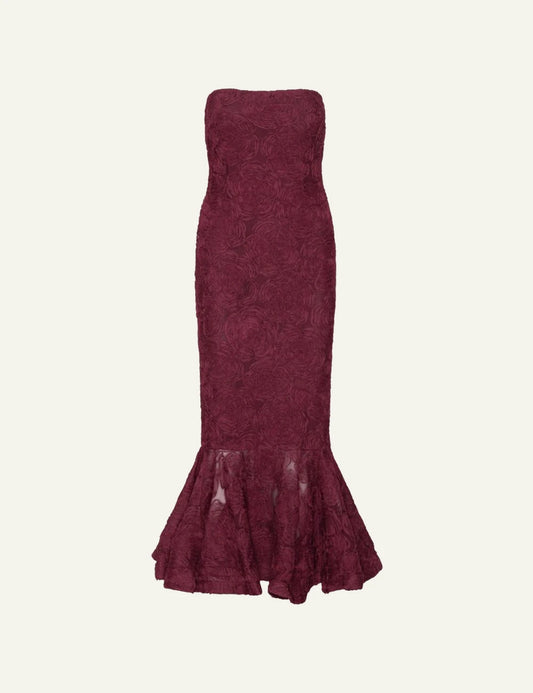 Rotate bordeaux floral mesh maxi dress with flounce hem product view