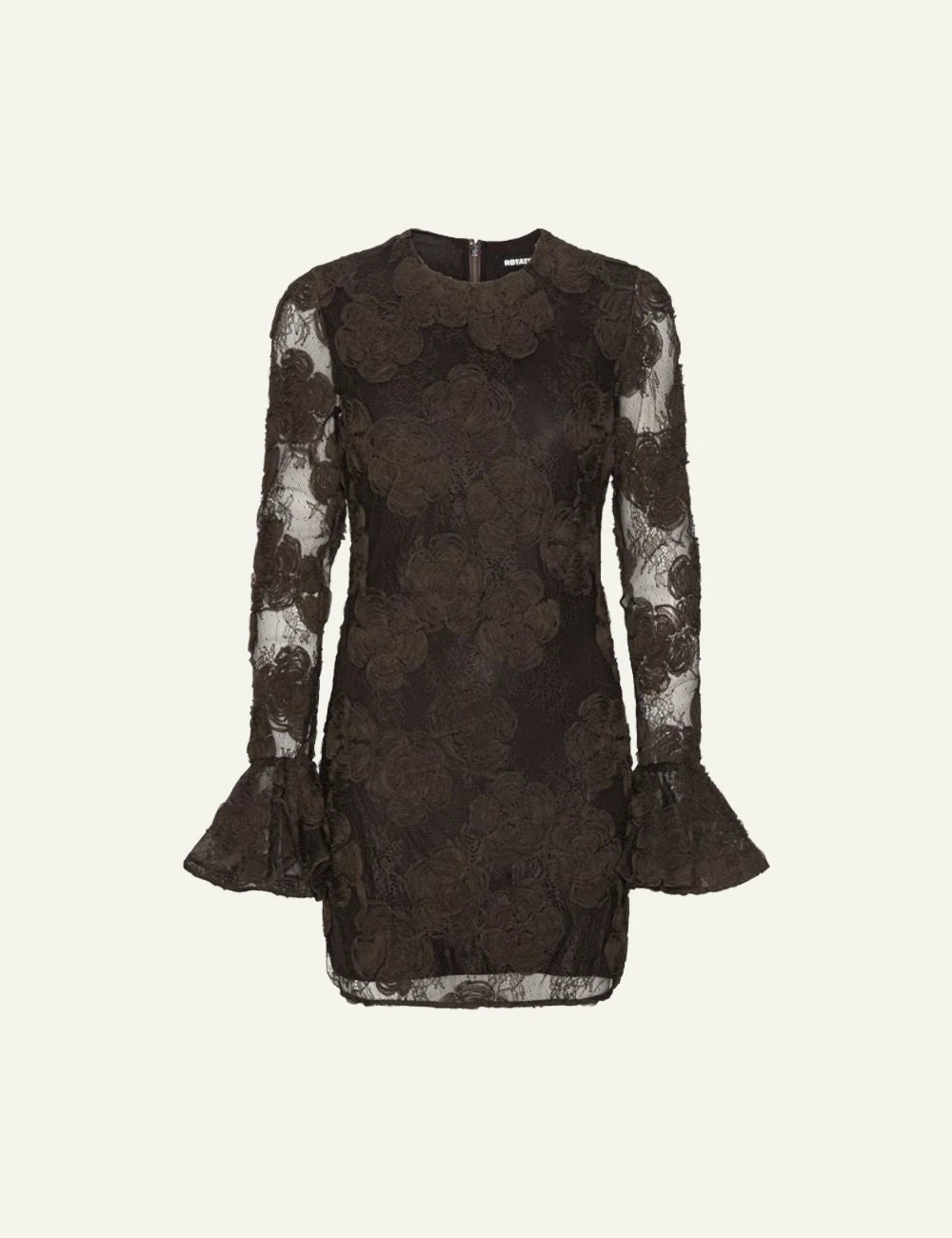 Rotate dark brown 3D floral lace mini dress with sheer sleeves product view