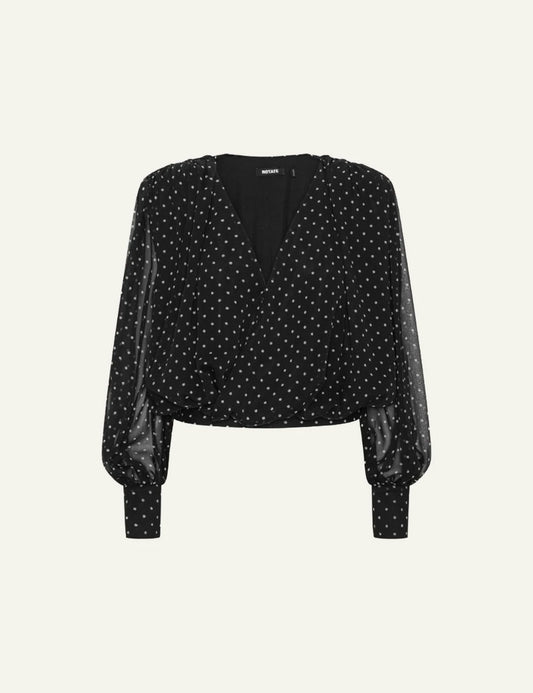 Rotate black floral ruched blouse with sheer sleeves product view