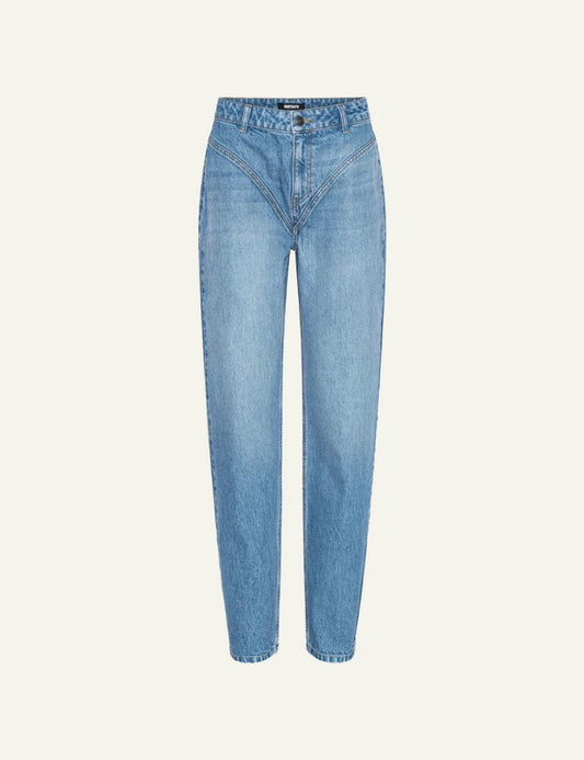Rotate blue high waist cutline jeans with curved seam detail product view