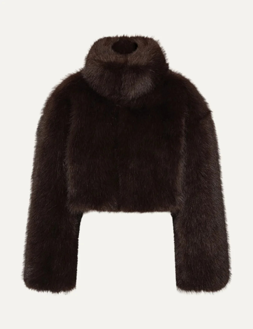 Women's dark brown cropped faux fur jacket with a high collar, long sleeves, subtle sheen and concealed front closure.