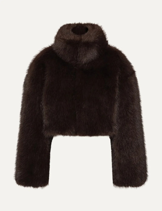 Women's dark brown cropped faux fur jacket with a high collar, long sleeves, subtle sheen and concealed front closure.