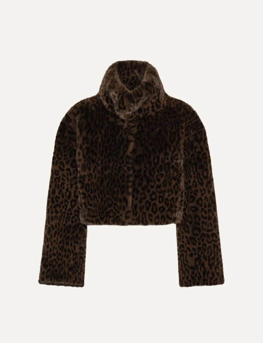 Women's cropped faux fur jacket in brown leopard print, with a high collar, long sleeves and concealed front closure.