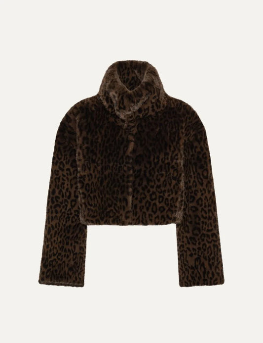 Women's cropped faux fur jacket in brown leopard print, with a high collar, long sleeves and concealed front closure.