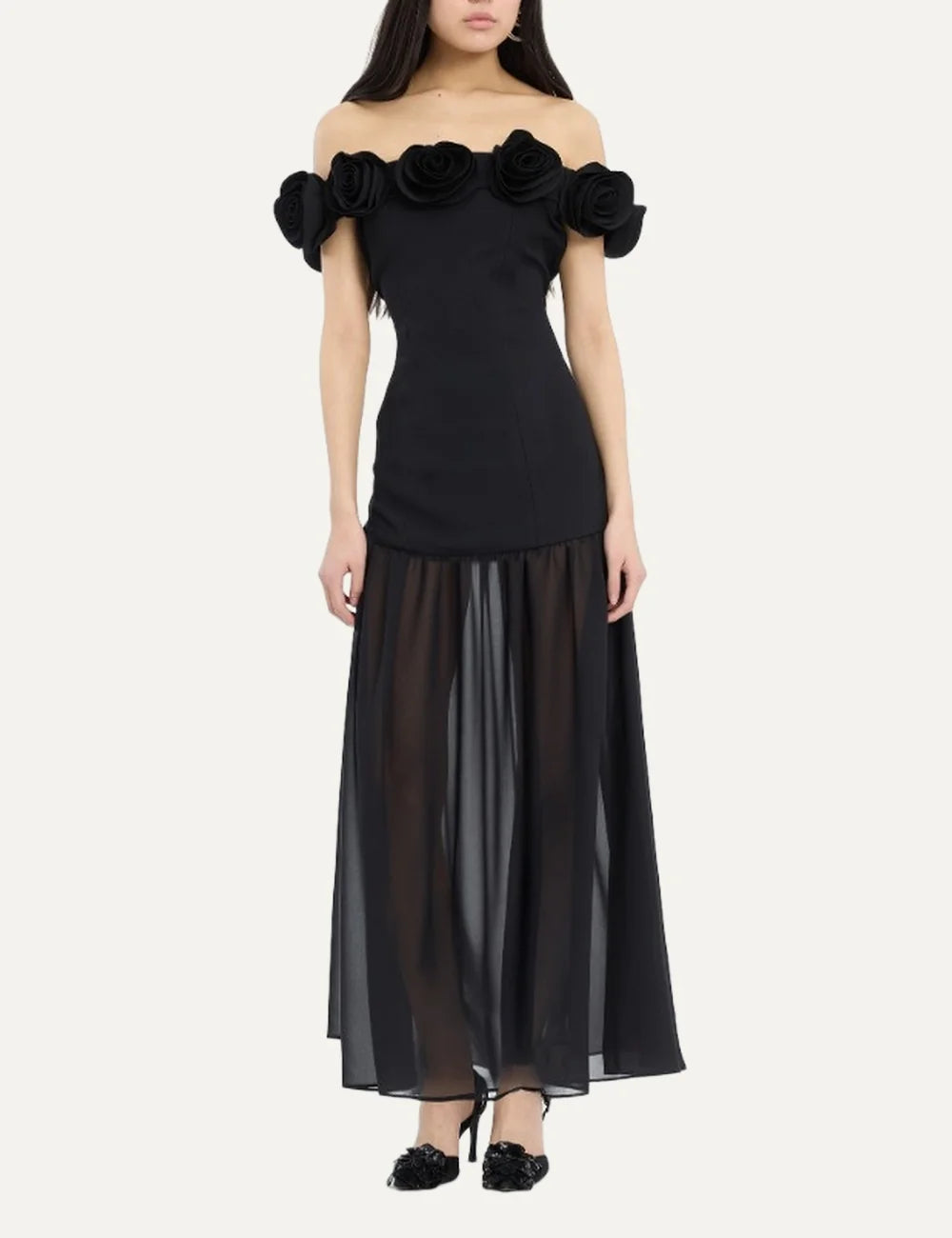Women's black crepe Maxi dress with an off-shoulder neckline, floral details, fitted bodice and flowing sheer skirt full body