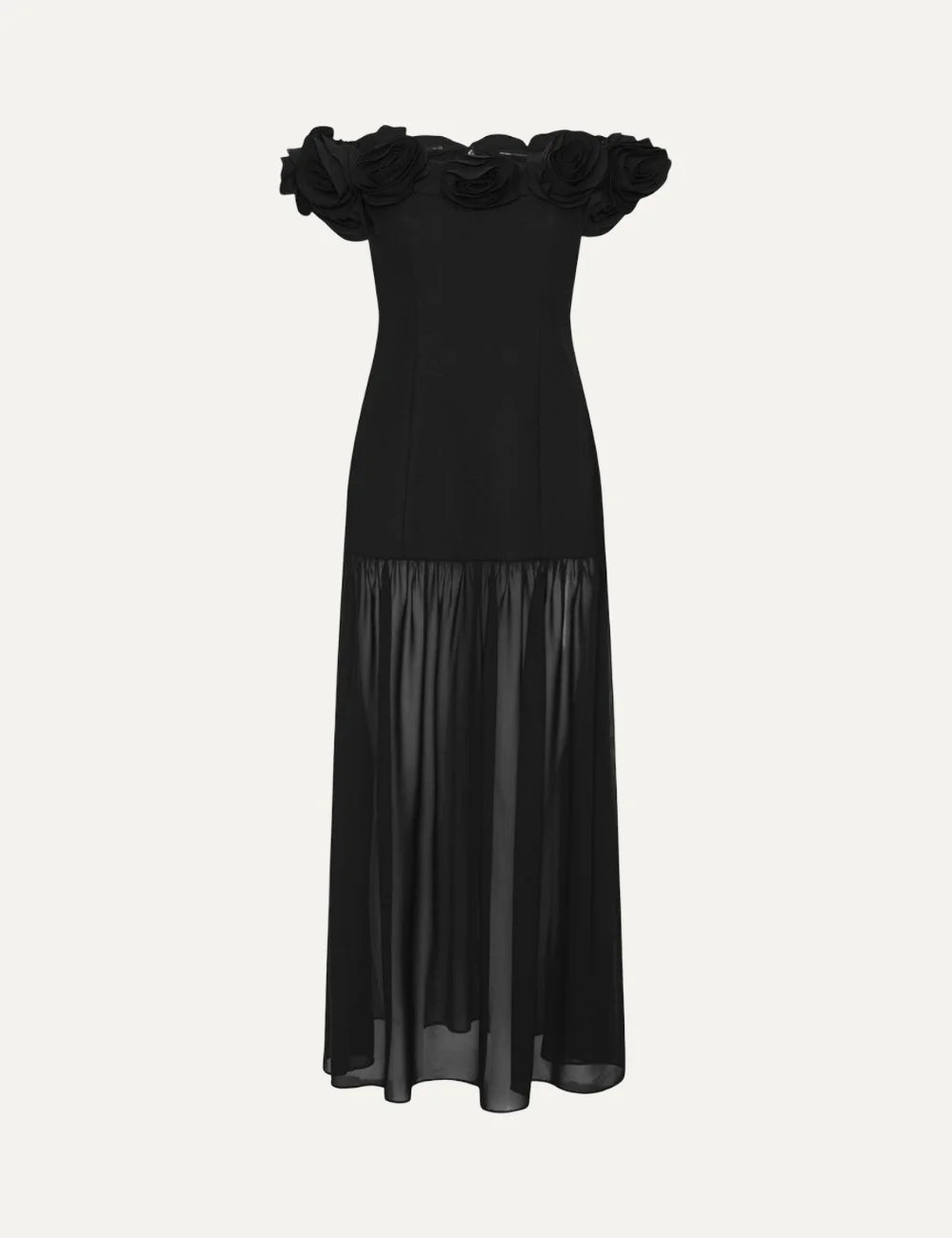 Women's black crepe Maxi dress with an off-shoulder neckline, floral details, fitted bodice and flowing sheer skirt.