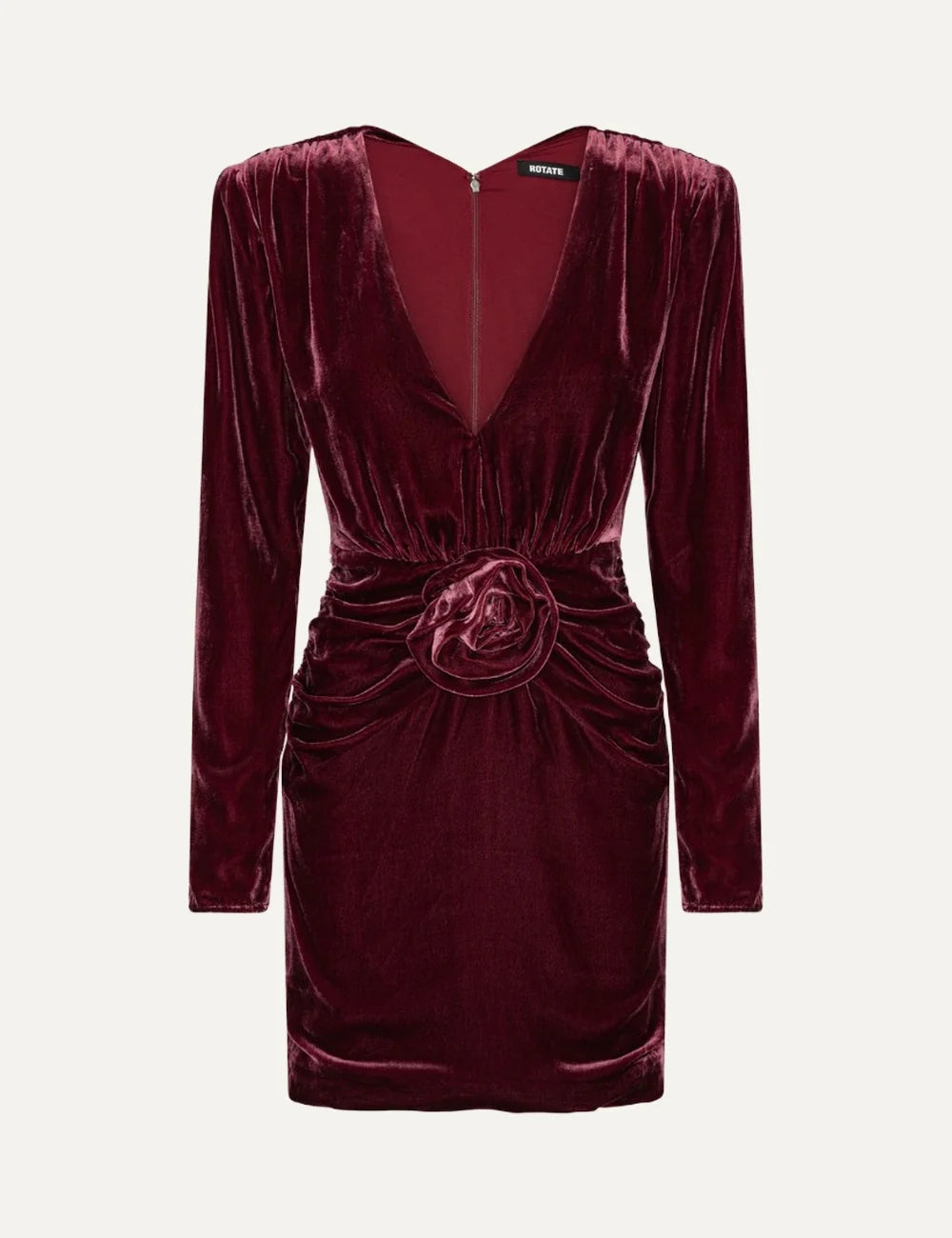 Rotate women burgundy silk velvet mini dress with deep V-neck, long sleeves, ruched waist and floral appliqué