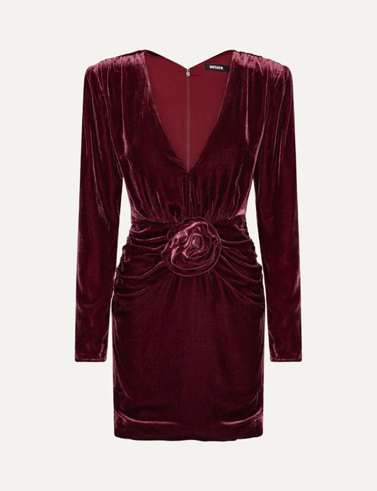 Rotate women burgundy silk velvet mini dress with deep V-neck, long sleeves, ruched waist and floral appliqué