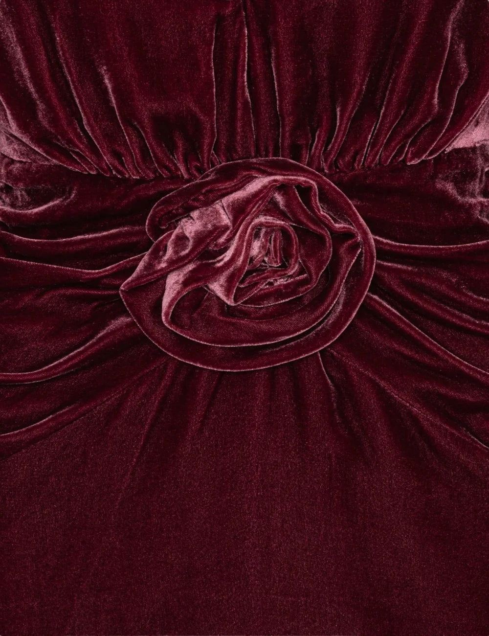 Rotate women burgundy silk velvet mini dress with deep V-neck, long sleeves, ruched waist and floral appliqué detail
