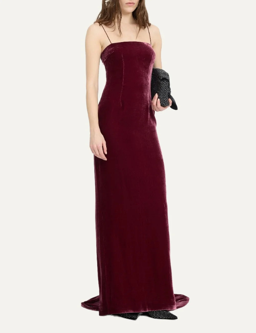 Rotate women dark red silk velvet maxi dress with thin straps, fitted silhouette and subtle train model