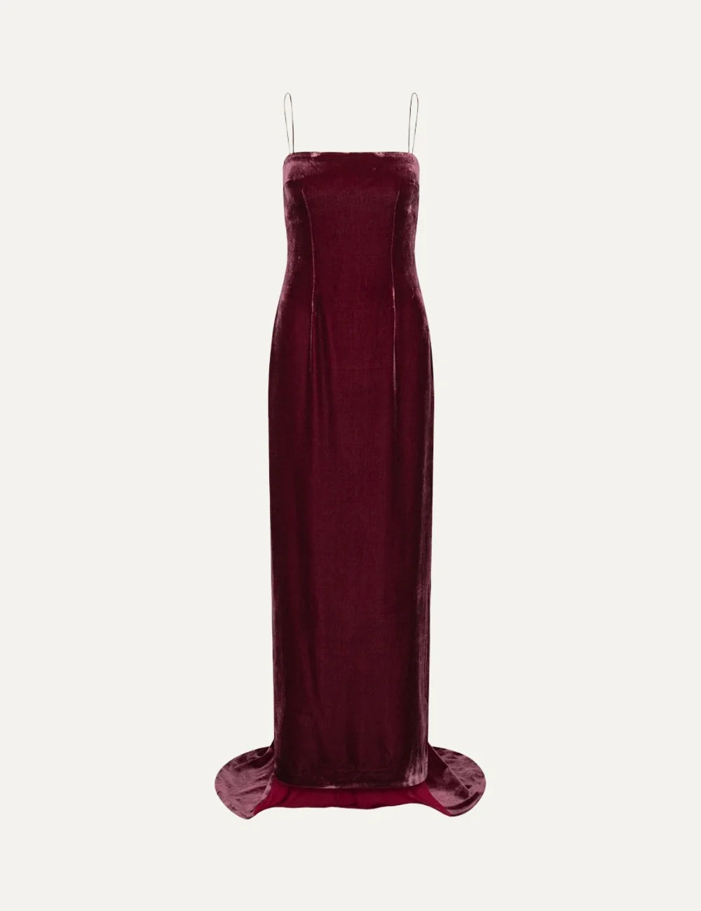Rotate women dark red silk velvet maxi dress with thin straps, fitted silhouette and subtle train