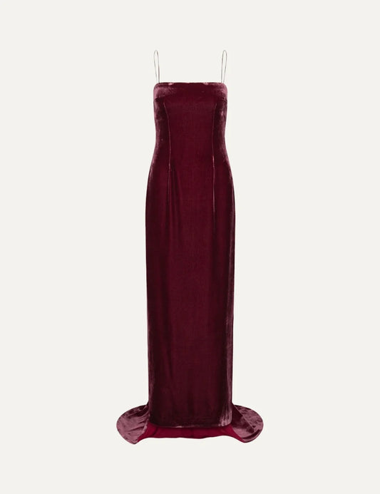 Rotate women dark red silk velvet maxi dress with thin straps, fitted silhouette and subtle train