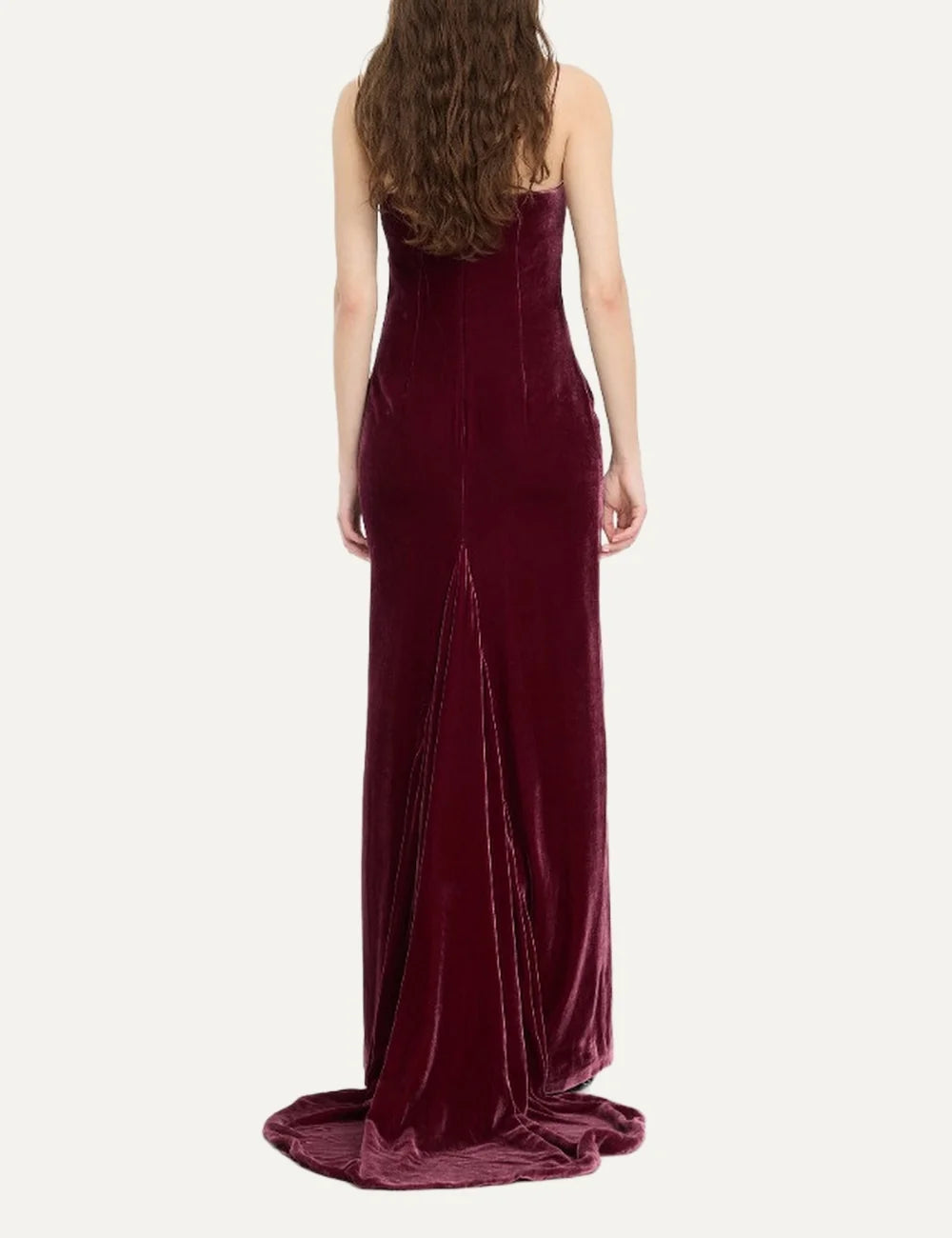 Rotate women dark red silk velvet maxi dress with thin straps, fitted silhouette and subtle train back