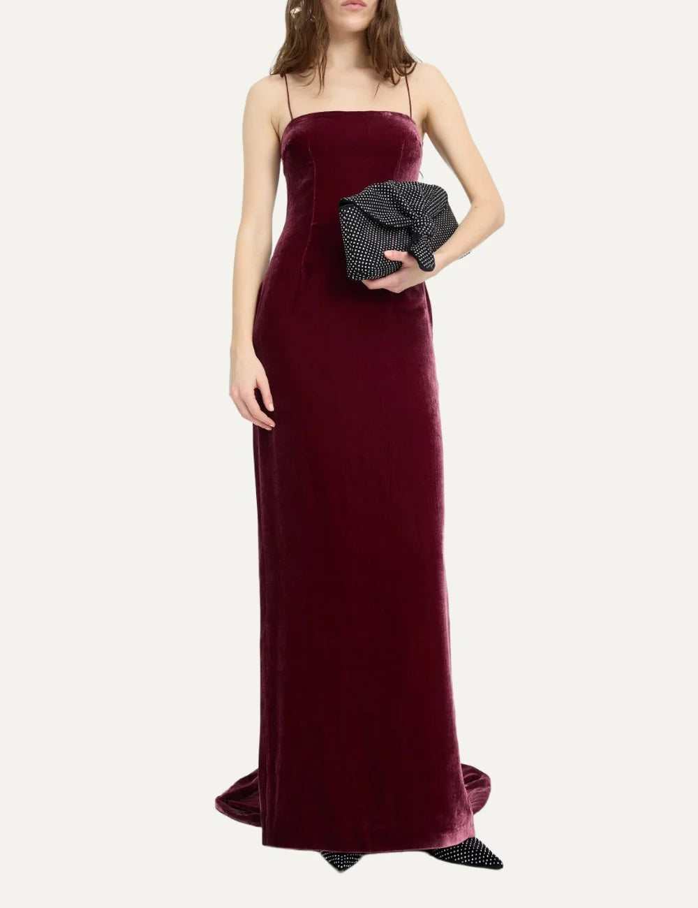 Rotate women dark red silk velvet maxi dress with thin straps, fitted silhouette and subtle train full body