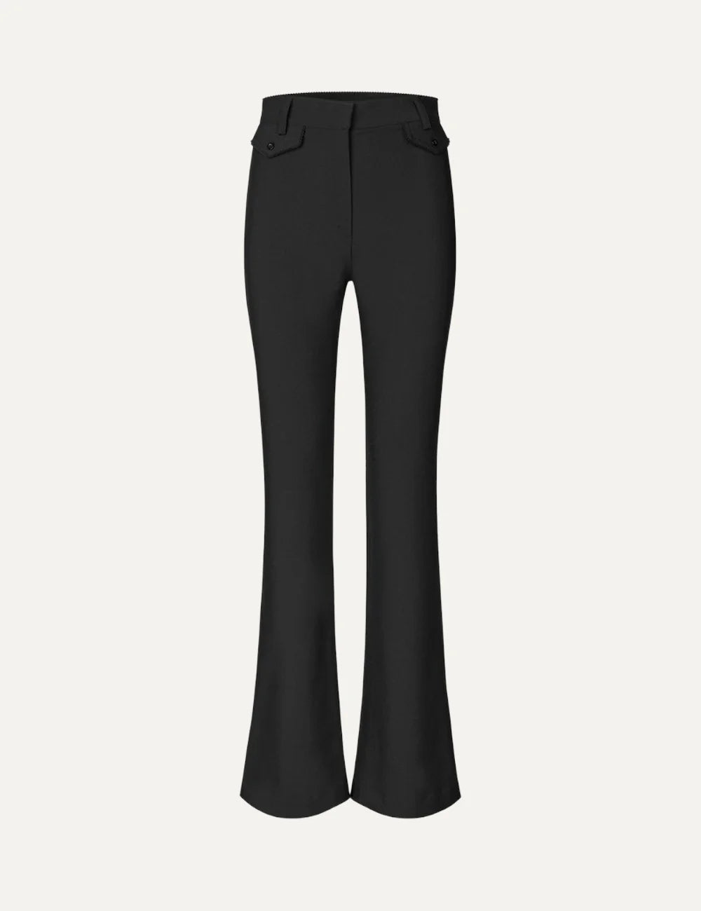Women's black flared trousers in a recycled polyester blend, with a high waist, front flap pockets and welt back pockets