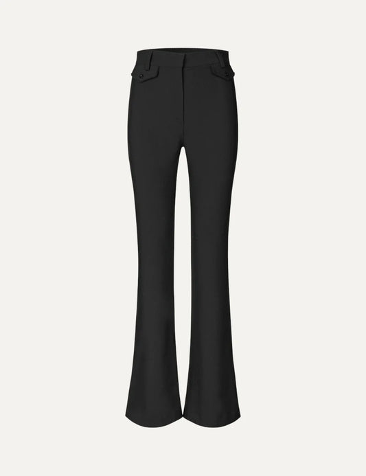 Women's black flared trousers in a recycled polyester blend, with a high waist, front flap pockets and welt back pockets