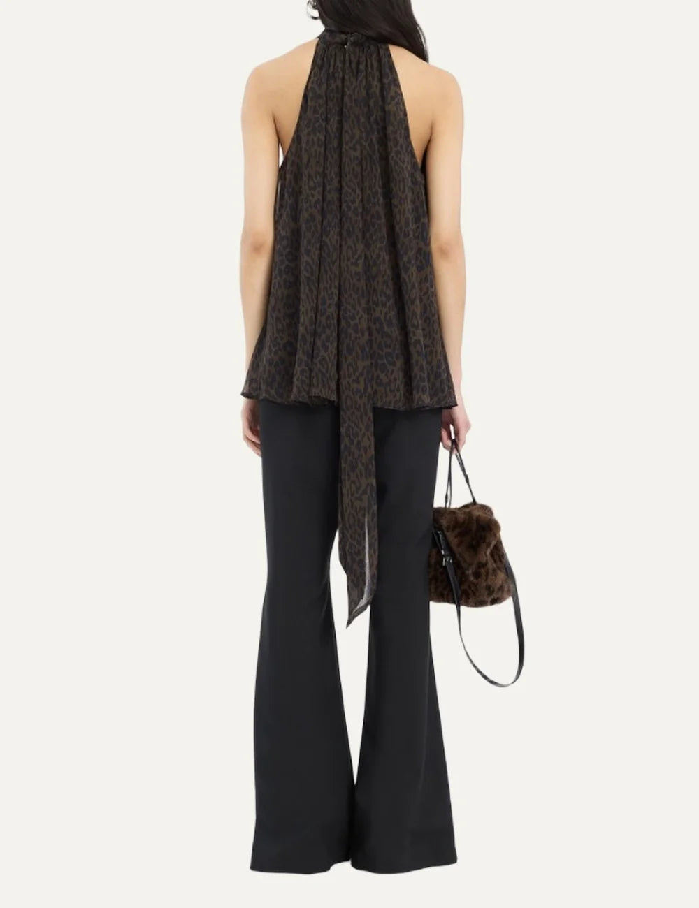 Women's black flared trousers in a recycled polyester blend, with a high waist, front flap pockets and welt back pockets back