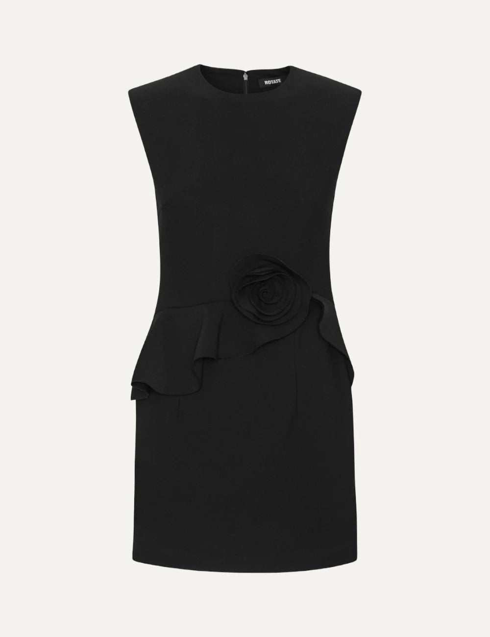 Rotate women black mini dress with structured shoulders, waist ruffle and large rose detail at the hip
