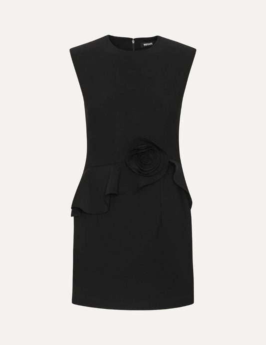 Rotate women black mini dress with structured shoulders, waist ruffle and large rose detail at the hip