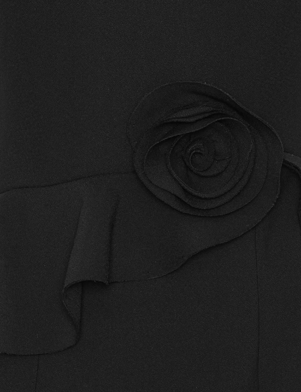 Rotate women black mini dress with structured shoulders, waist ruffle and large rose detail at the hip detail