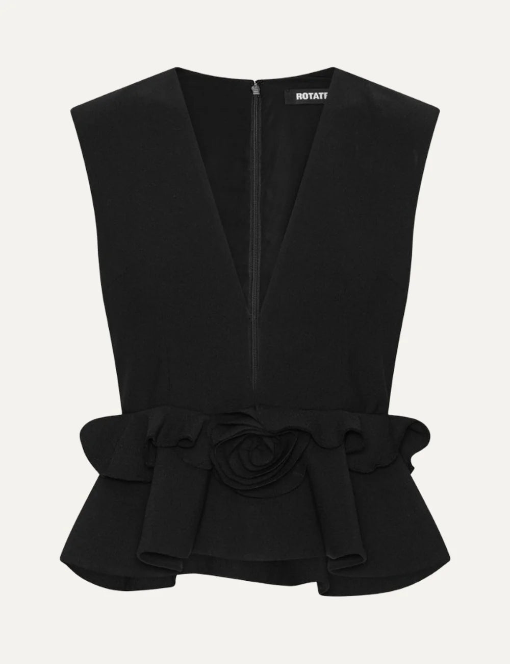 Rotate women black sleeveless V-neck top with structured shoulders, peplum hem and flower detail