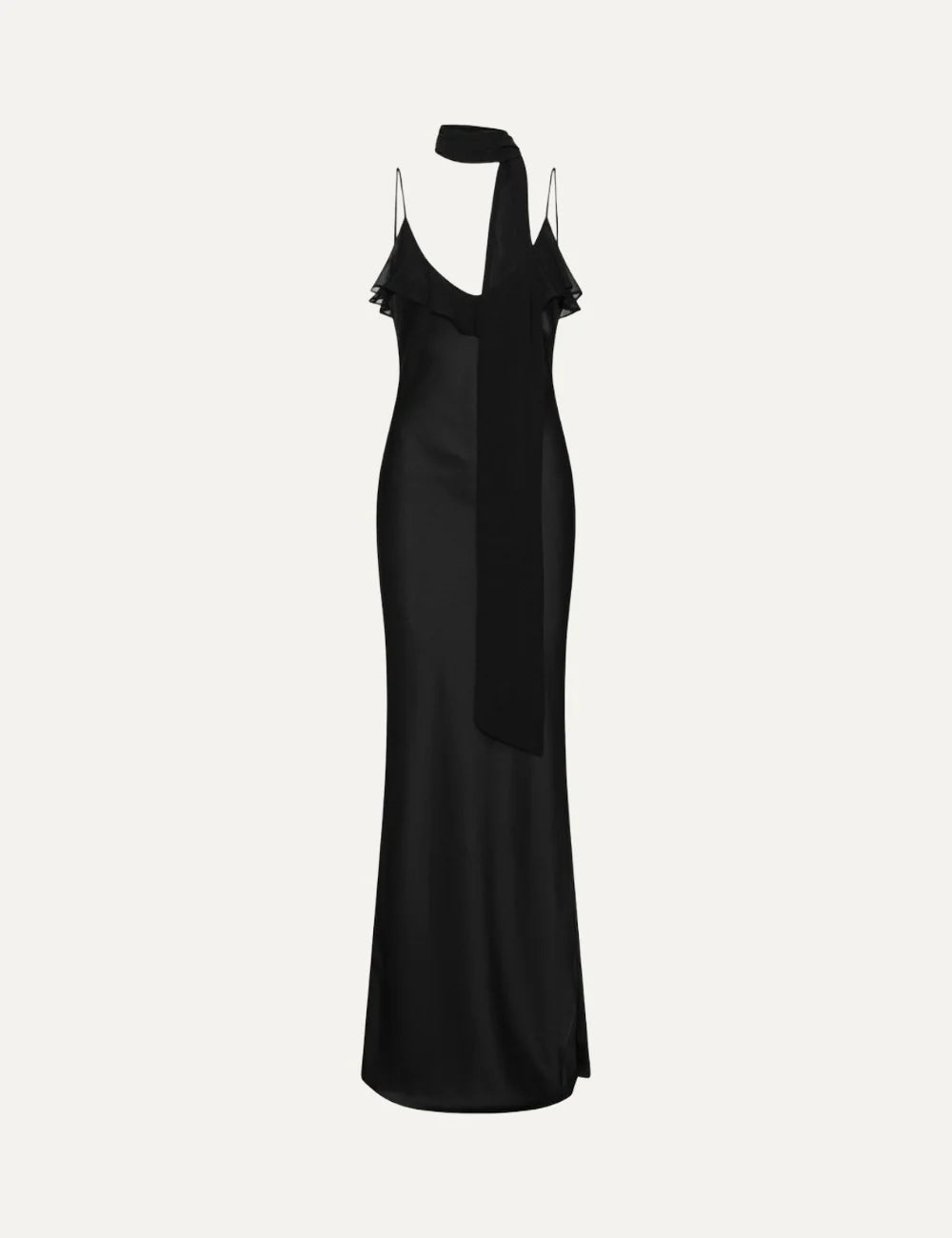 Rotate women black maxi slip dress with deep V-neck, thin straps, ruffle trim and long scarf detail
