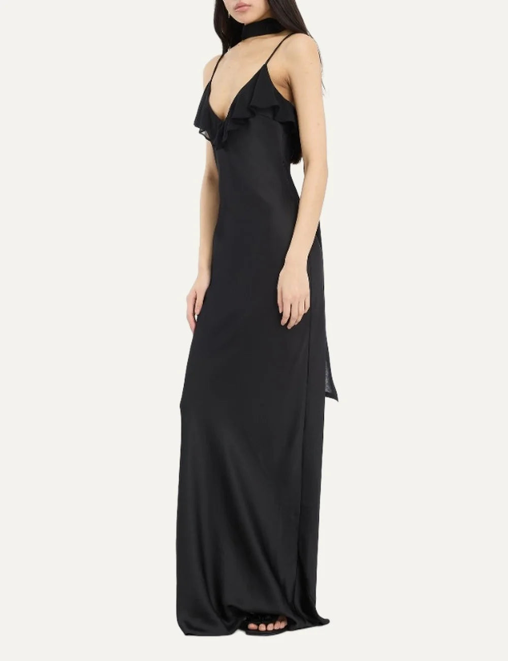 Rotate women black maxi slip dress with deep V-neck, thin straps, ruffle trim and long scarf detail full body