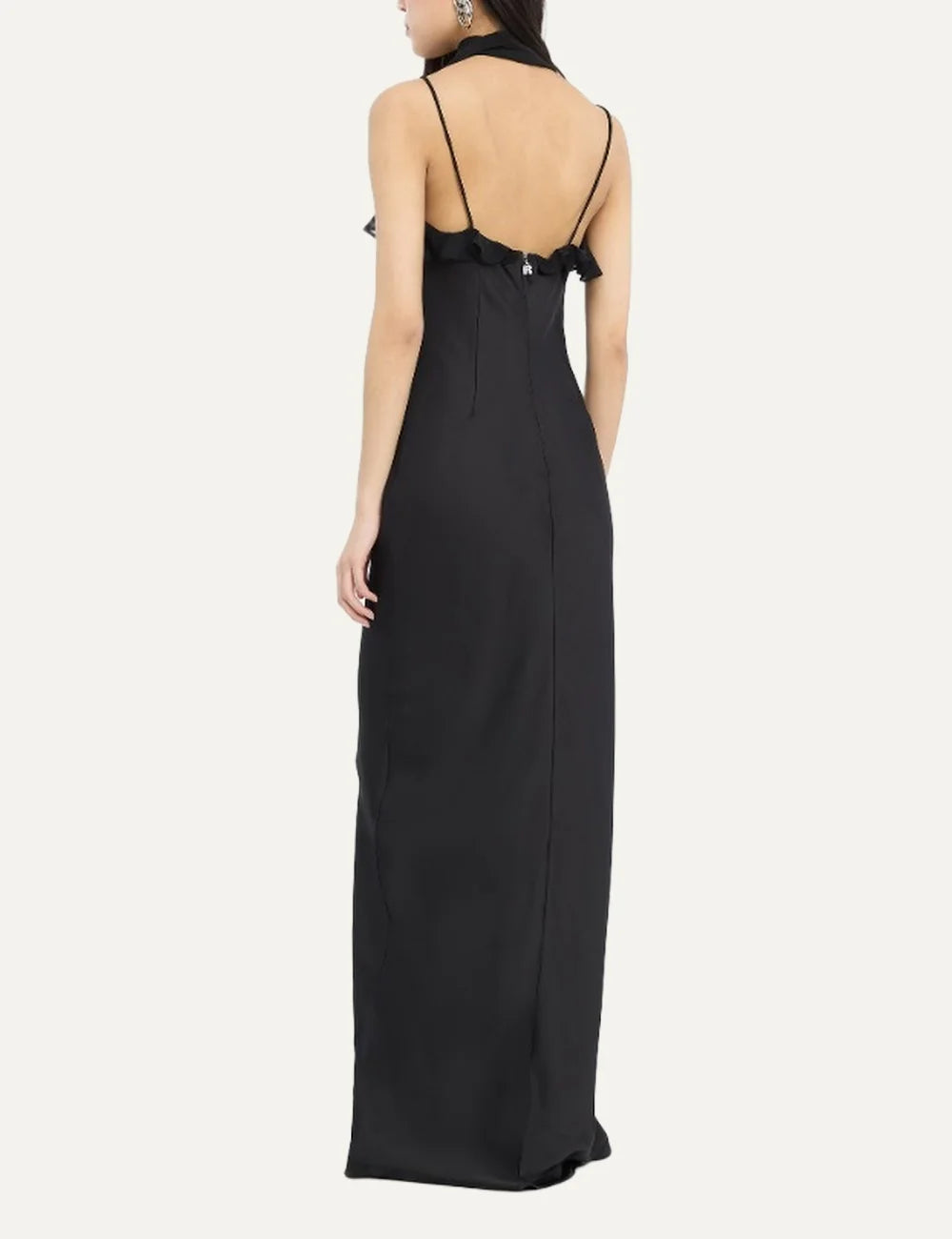 Rotate women black maxi slip dress with deep V-neck, thin straps, ruffle trim and long scarf detail back