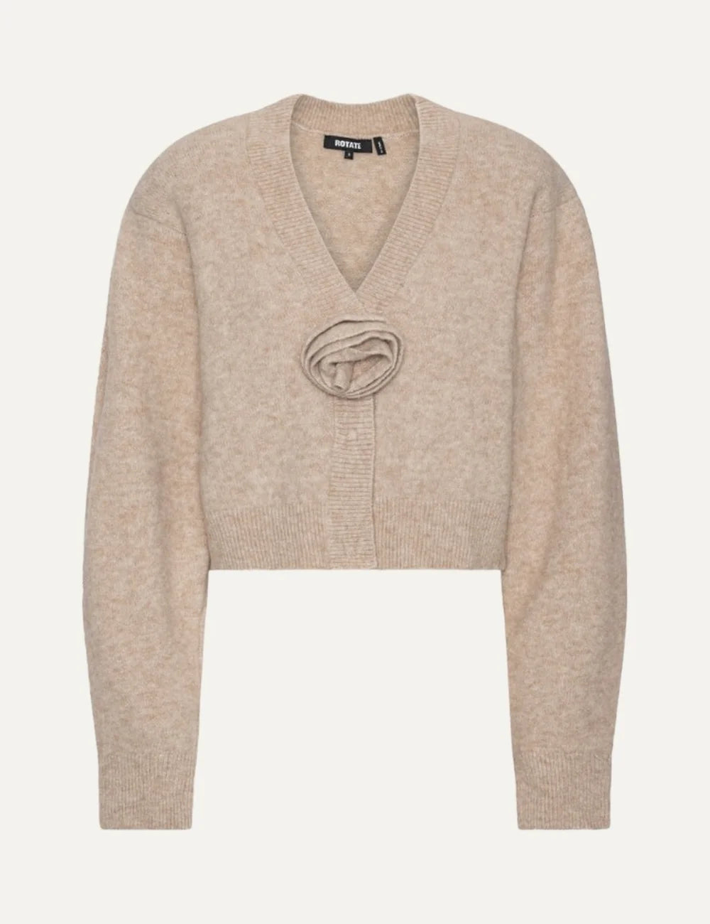 Rotate women beige knitted cardigan with V-neck, long sleeves and flower detail