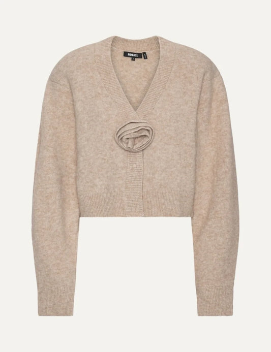 Rotate women beige knitted cardigan with V-neck, long sleeves and flower detail