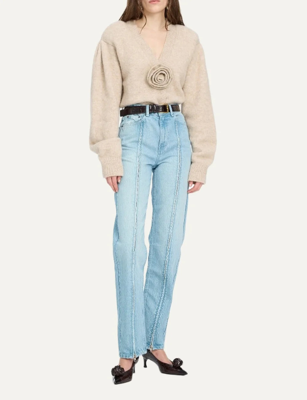 Rotate women beige knitted cardigan with V-neck, long sleeves and flower detail full body