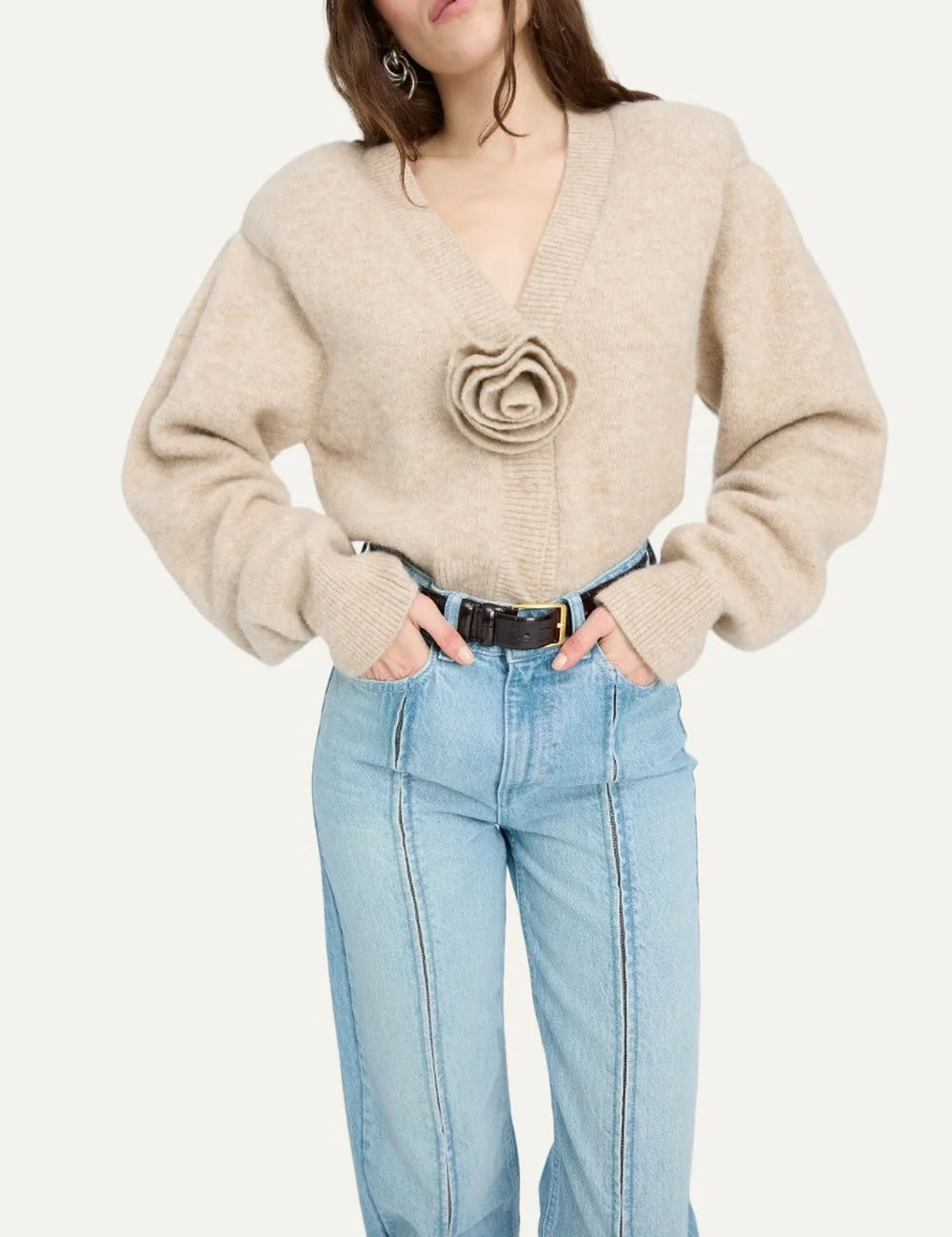 Rotate women beige knitted cardigan with V-neck, long sleeves and flower detail model