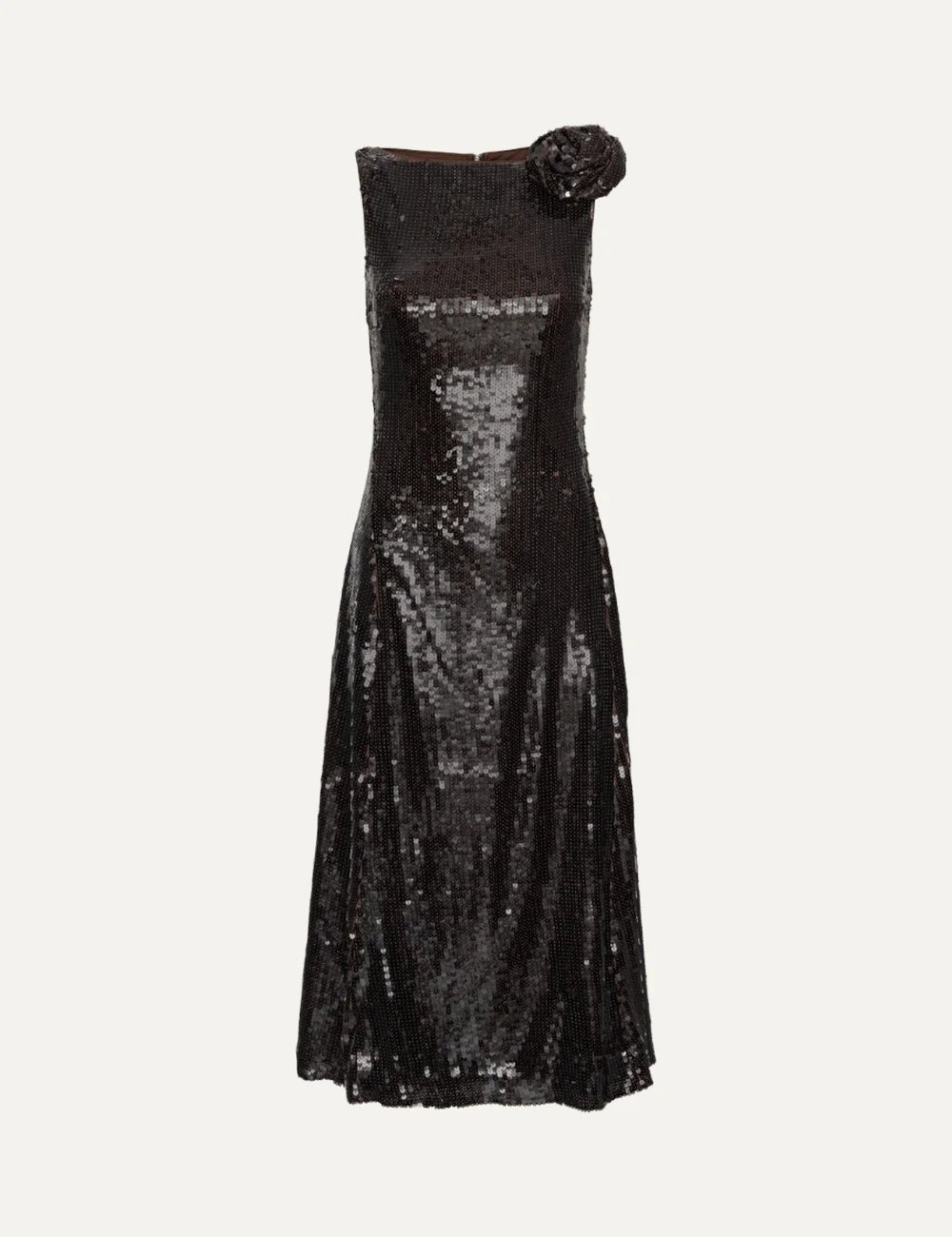Rotate women dark brown sequin midi flared dress with straight neckline and flower detail on one shoulder