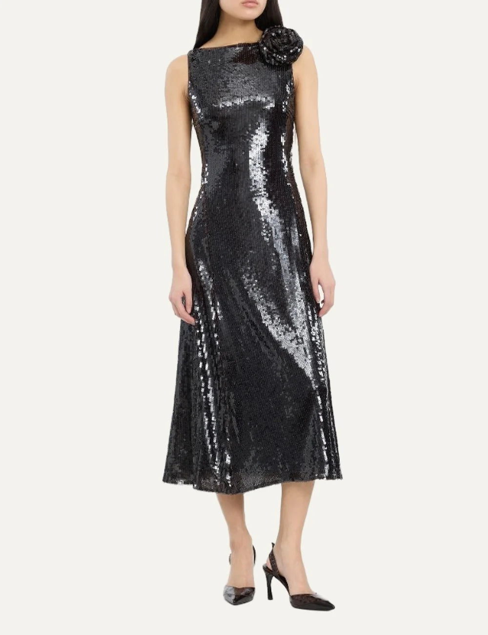 Rotate women dark brown sequin midi flared dress with straight neckline and flower detail on one shoulder full body