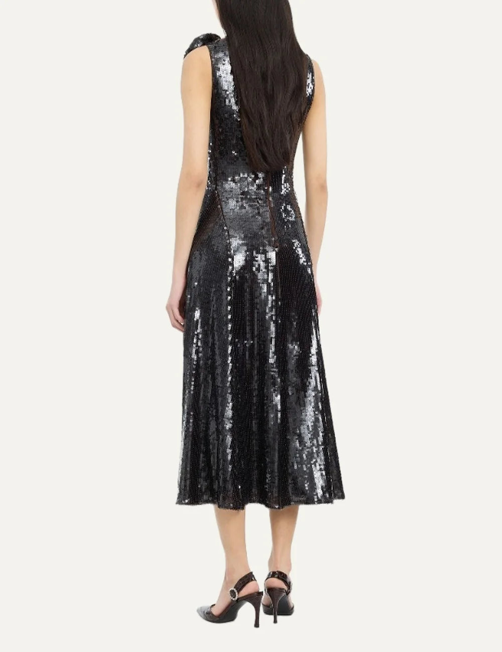 Rotate women dark brown sequin midi flared dress with straight neckline and flower detail on one shoulder back