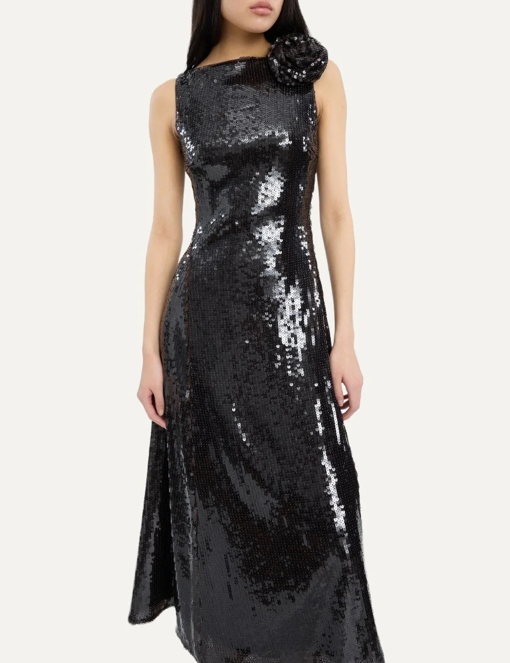 Rotate women dark brown sequin midi flared dress with straight neckline and flower detail on one shoulder model