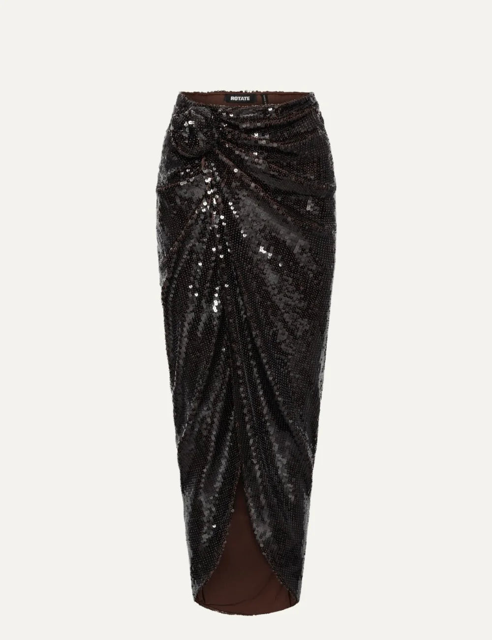 Rotate women dark brown sequin midi skirt with draped effect, front knot detail and high slit