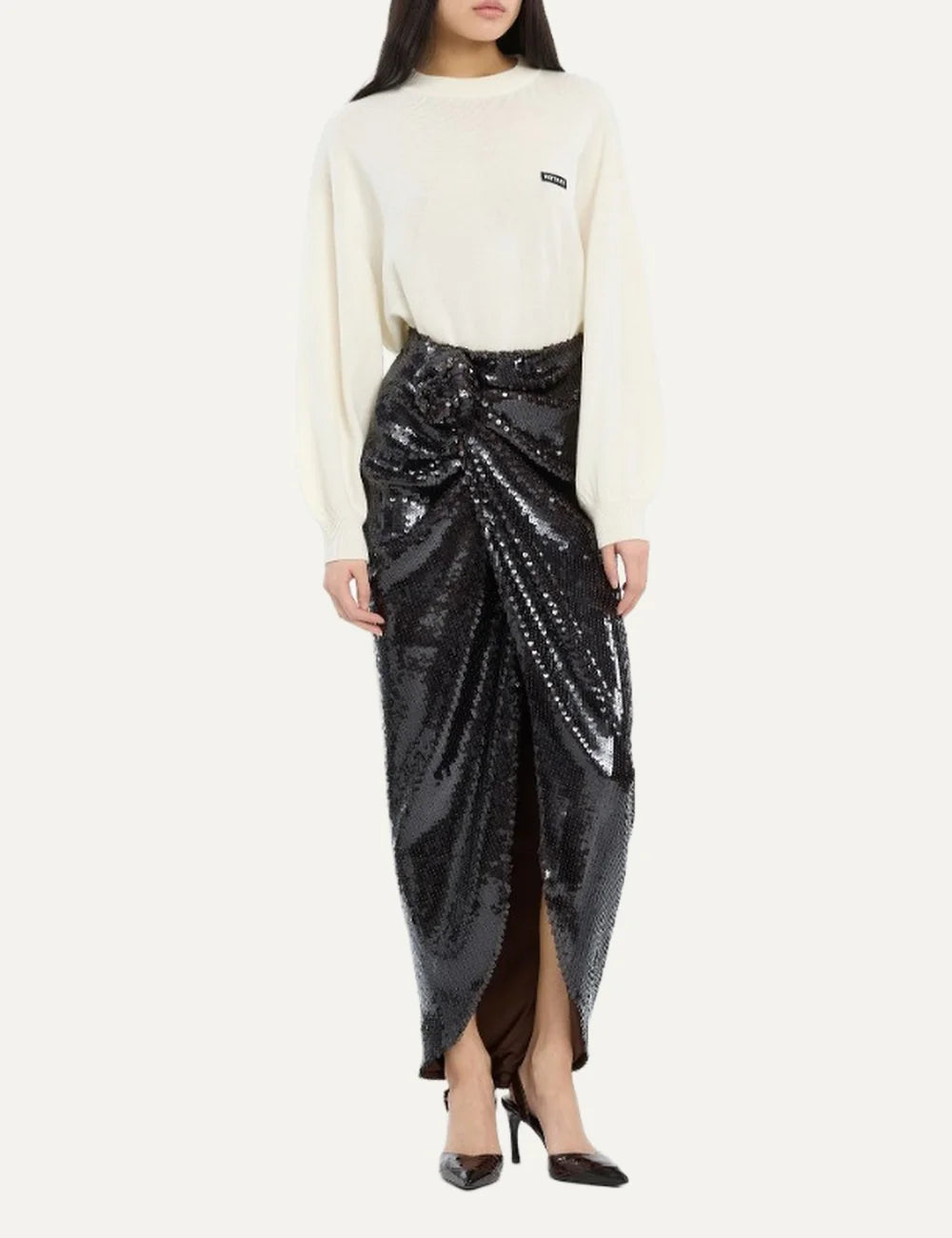 Rotate women dark brown sequin midi skirt with draped effect, front knot detail and high slit full body