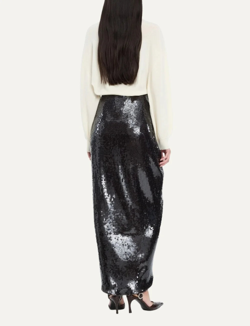 Rotate women dark brown sequin midi skirt with draped effect, front knot detail and high slit back
