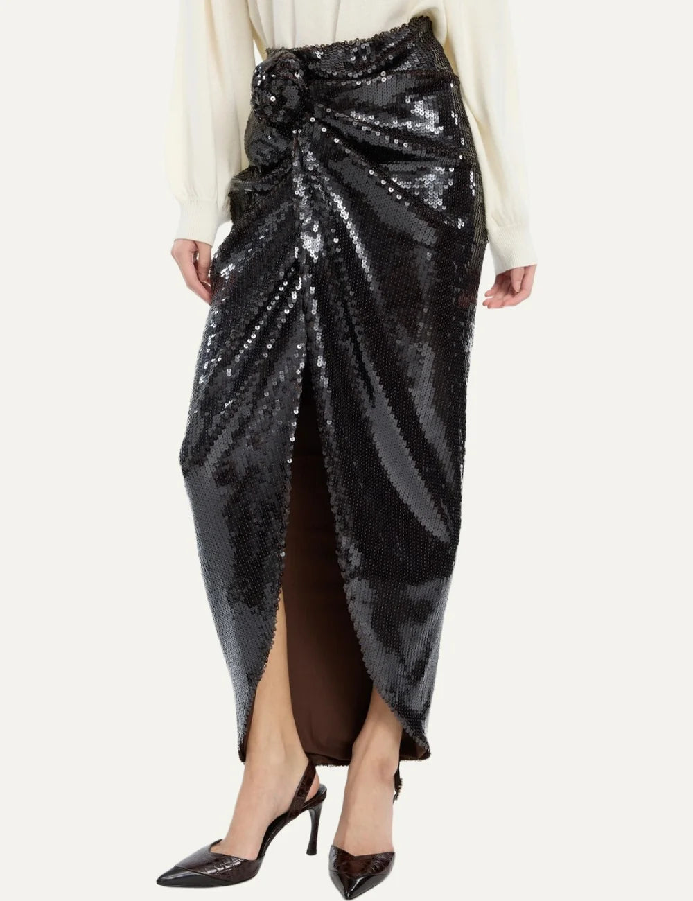 Rotate women dark brown sequin midi skirt with draped effect, front knot detail and high slit model