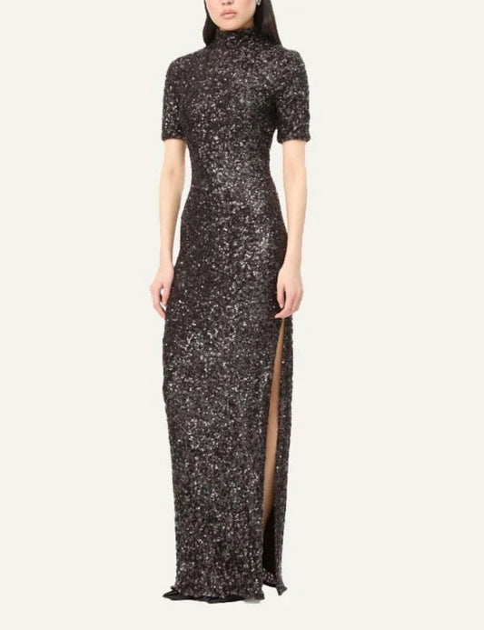 Rotate women brown sequin maxi dress with high neck, short sleeves and high side slit full body