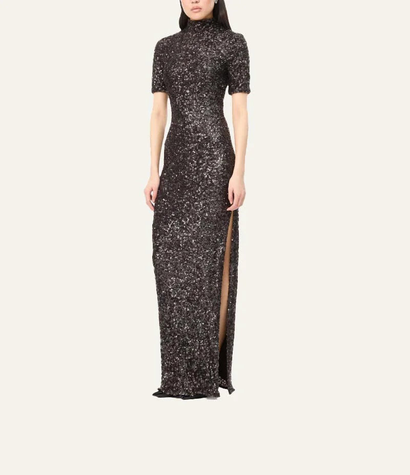 Rotate women brown sequin maxi dress with high neck, short sleeves and high side slit