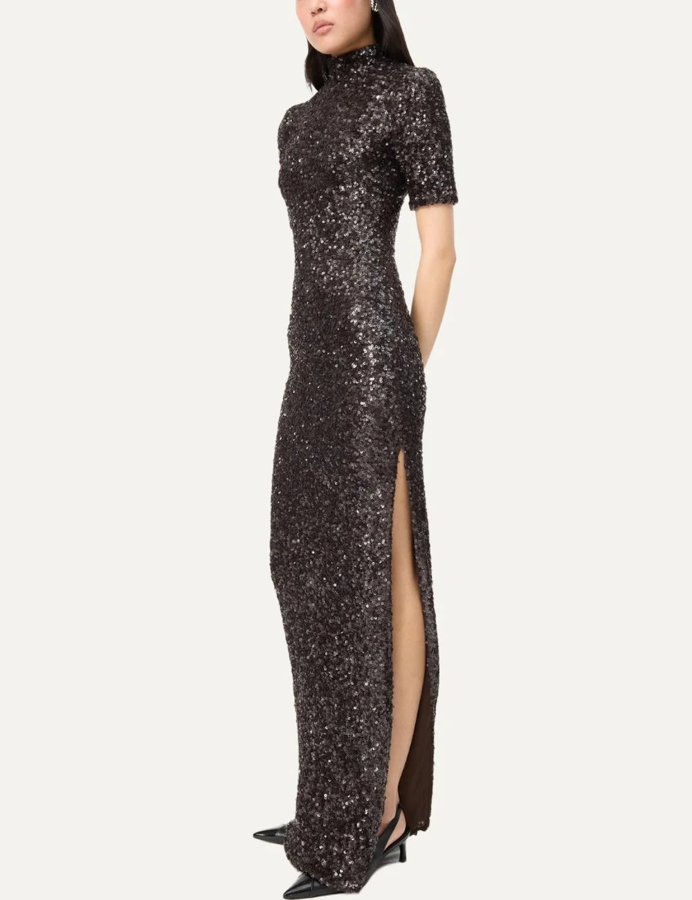 Rotate women brown sequin maxi dress with high neck, short sleeves and high side slit full body