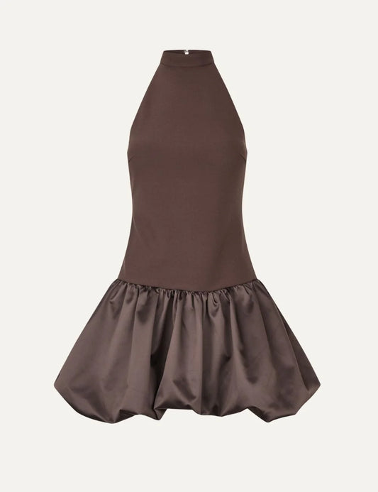 Rotate women brown fitted mini dress with high neck and voluminous satin peplum hem