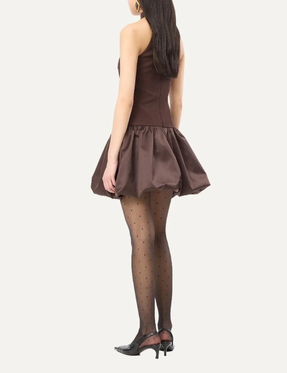 Rotate women brown fitted mini dress with high neck and voluminous satin peplum hem back