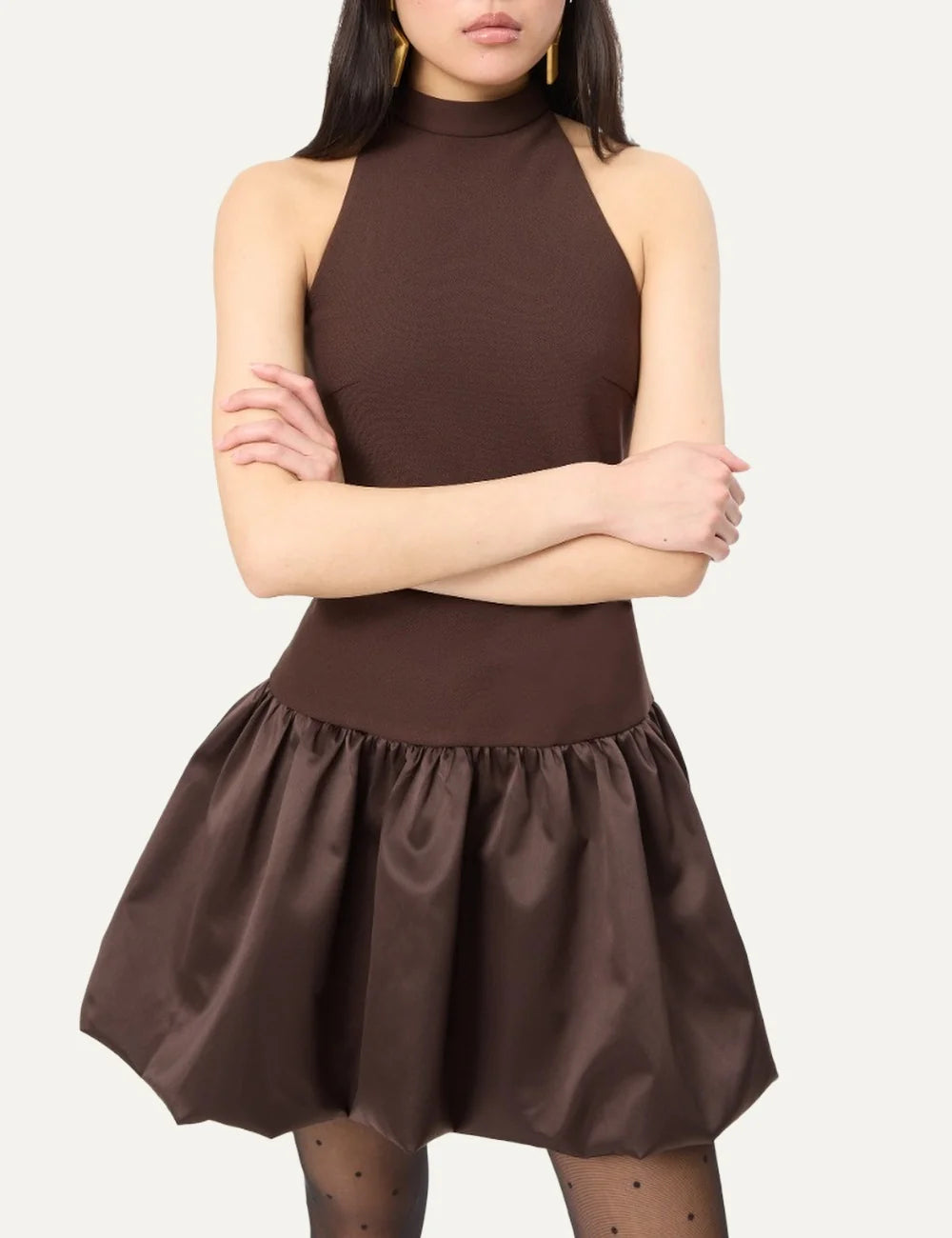 Rotate women brown fitted mini dress with high neck and voluminous satin peplum hem model