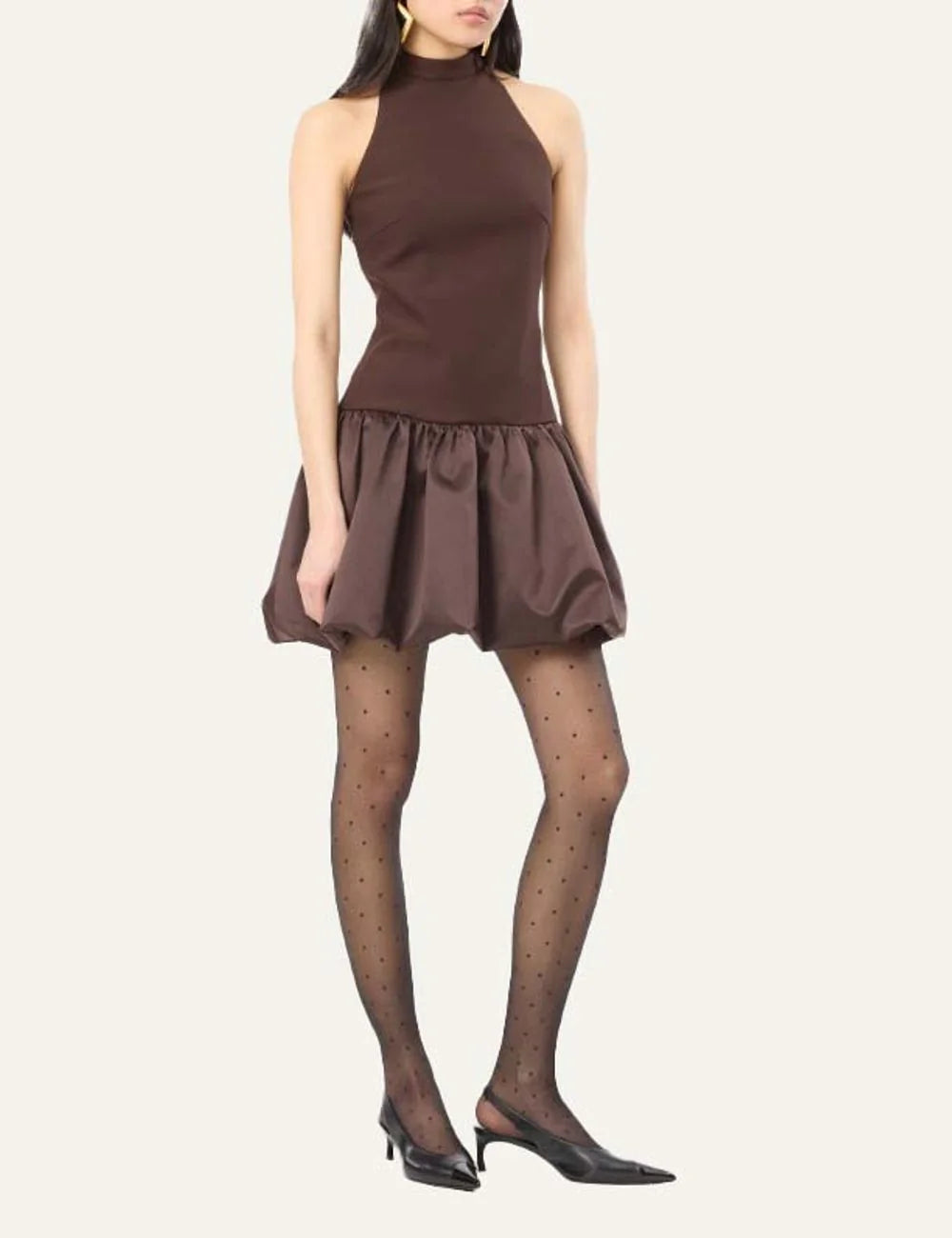 Rotate women brown fitted mini dress with high neck and voluminous satin peplum hem full body